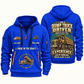 Dump Truck Driver Experience Keeps Working Quarter-Zip Hoodie in Blue, authentic overlapping front and back views with dump truck driver artwork and source sample name/year lettering.