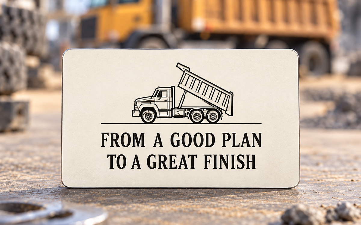 Reverse of the Dump Truck Driver First Load Aluminum Wallet Card, showing the complete fixed printed artwork and slim aluminum rim.