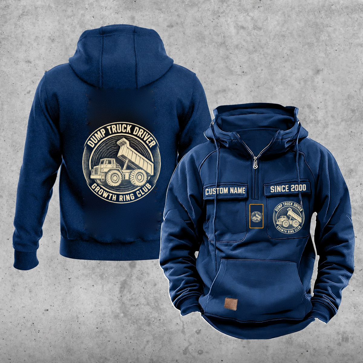 Dump Truck Driver Vintage Hoodie - Growth Ring Club — Dark Blue; faithful original Vintage Hoodie front and back artwork; CUSTOM NAME and SINCE 2000 on front chest.