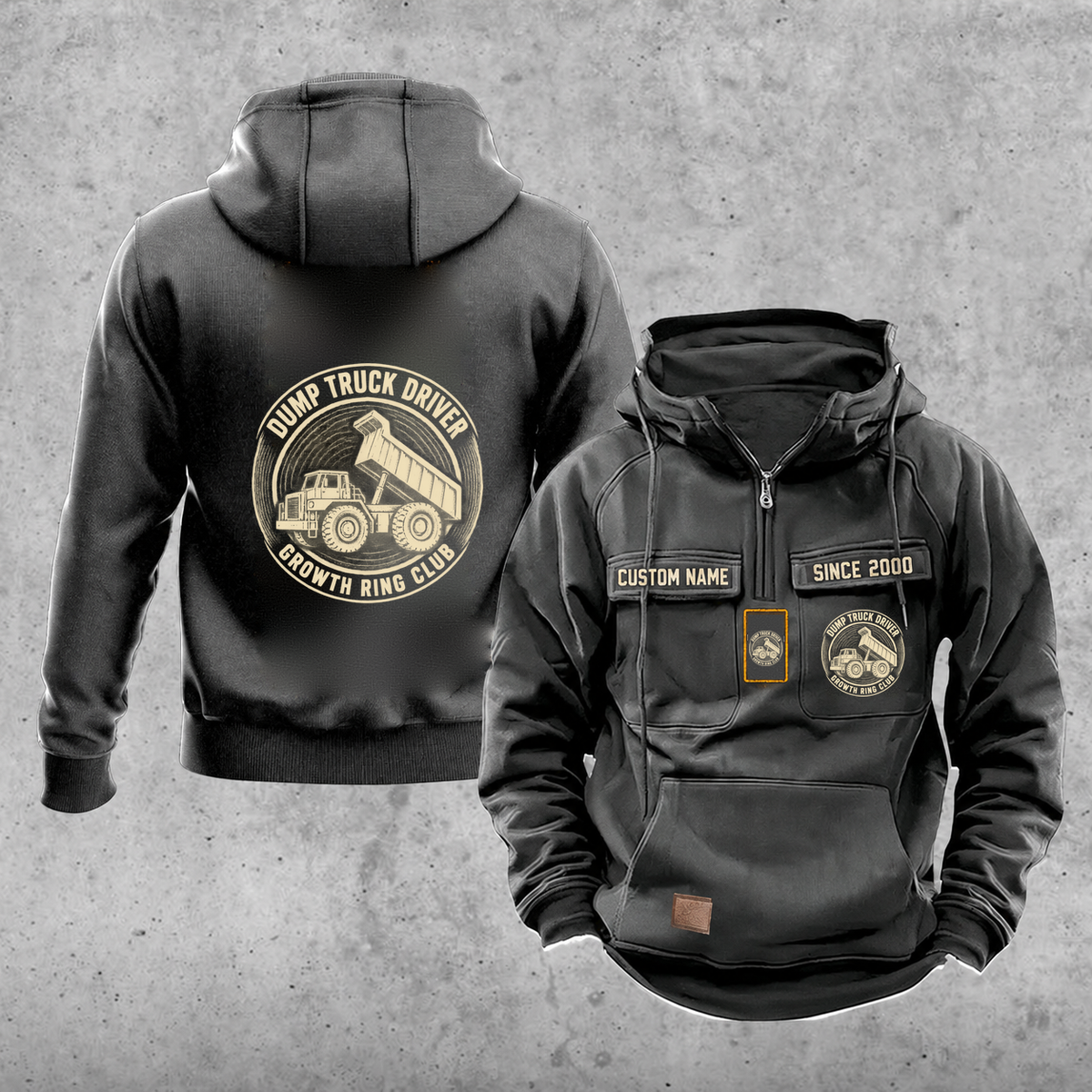 Dump Truck Driver Vintage Hoodie - Growth Ring Club — Dark Gray; faithful original Vintage Hoodie front and back artwork; CUSTOM NAME and SINCE 2000 on front chest.
