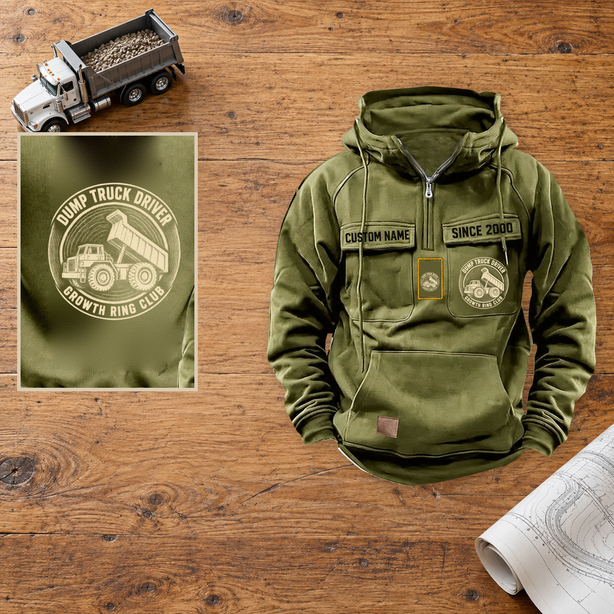 Dump Truck Driver Vintage Hoodie - Growth Ring Club — Hero; faithful original Vintage Hoodie front and back artwork; CUSTOM NAME and SINCE 2000 on front chest.