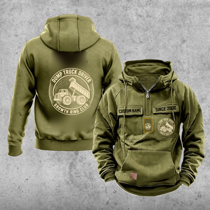 Dump Truck Driver Vintage Hoodie - Growth Ring Club — Olive Green; faithful original Vintage Hoodie front and back artwork; CUSTOM NAME and SINCE 2000 on front chest.