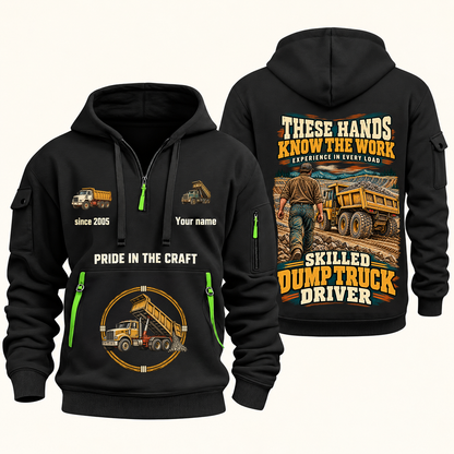 Dump Truck Driver Hands That Power Quarter-Zip Hoodie in Black, authentic overlapping front and back views with dump truck driver artwork and source sample name/year lettering.
