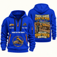 Dump Truck Driver Hands That Power Quarter-Zip Hoodie in Blue, authentic overlapping front and back views with dump truck driver artwork and source sample name/year lettering.