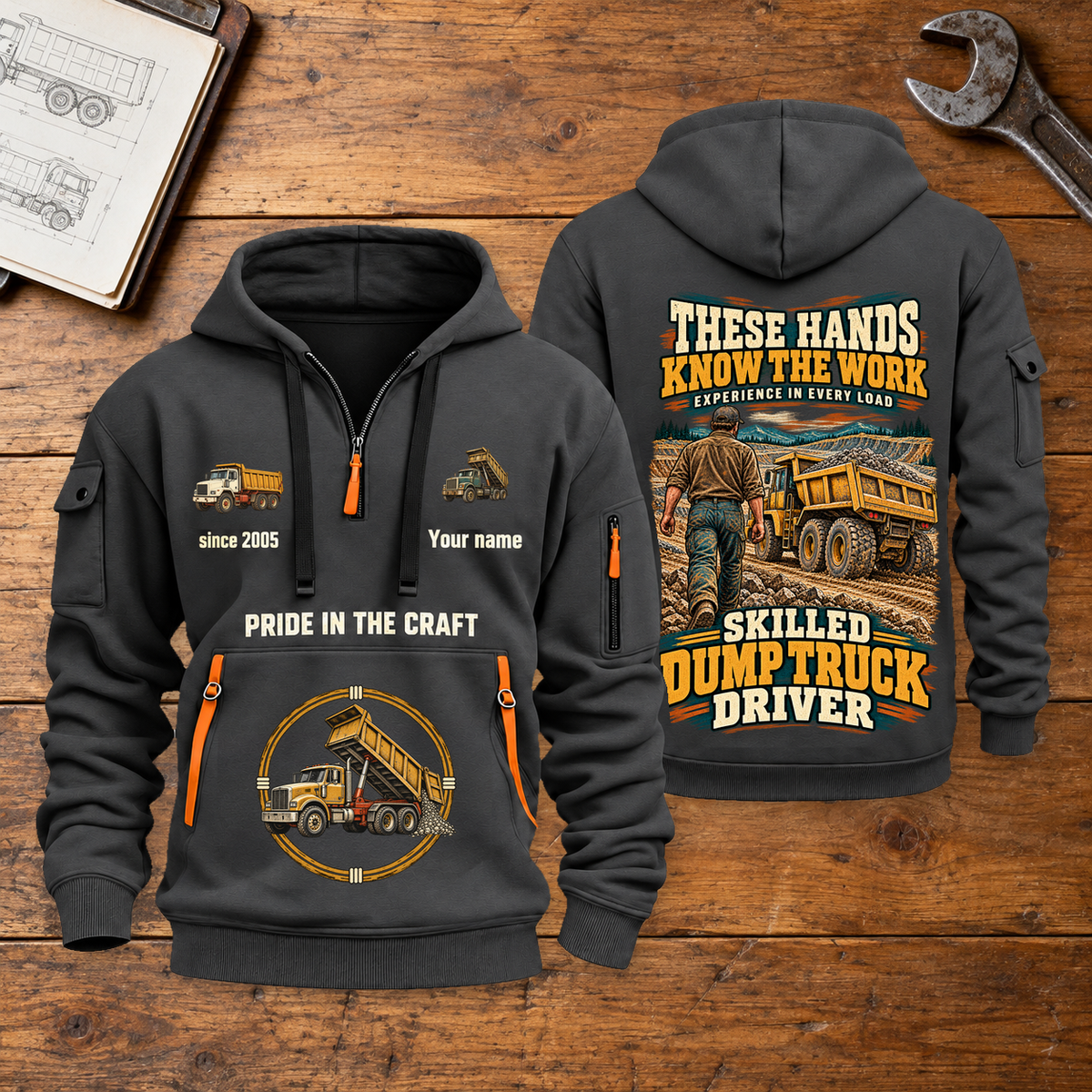 Dump Truck Driver Hands That Power Quarter-Zip Hoodie in Gray, full front and back views on a dump truck driver workbench.