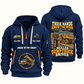 Dump Truck Driver Hands That Power Quarter-Zip Hoodie in Navy, authentic overlapping front and back views with dump truck driver artwork and source sample name/year lettering.