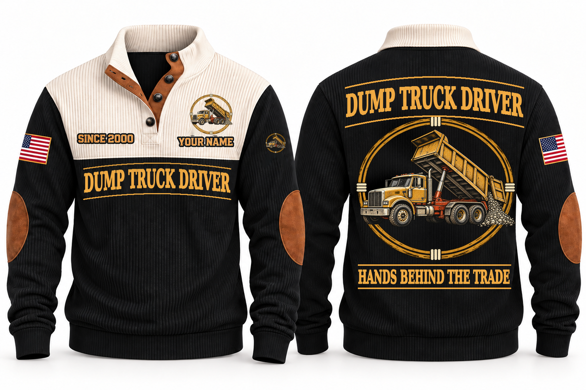 Dump Truck Driver Hands Behind the Trade Sports Sweatshirt in Black, front and back with rigid dump truck with a raised tipping body and hydraulic ram, plus illustrative sample name and year.