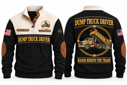 Dump Truck Driver Hands Behind the Trade Sports Sweatshirt in Black, front and back with rigid dump truck with a raised tipping body and hydraulic ram, plus illustrative sample name and year.