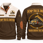 Dump Truck Driver Hands Behind the Trade Sports Sweatshirt in Brown, front and back with rigid dump truck with a raised tipping body and hydraulic ram, plus illustrative sample name and year.