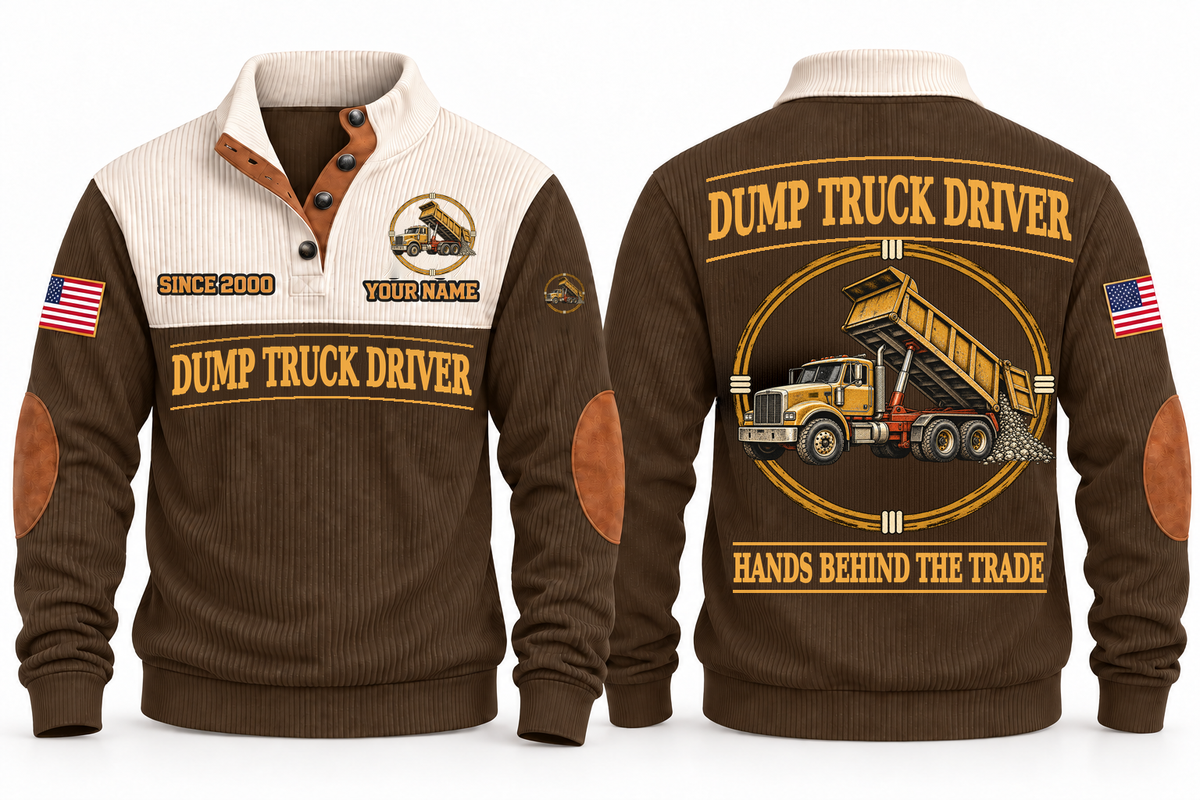 Dump Truck Driver Hands Behind the Trade Sports Sweatshirt in Brown, front and back with rigid dump truck with a raised tipping body and hydraulic ram, plus illustrative sample name and year.