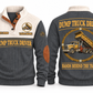 Dump Truck Driver Hands Behind the Trade Sports Sweatshirt in Grey, front and back with rigid dump truck with a raised tipping body and hydraulic ram, plus illustrative sample name and year.