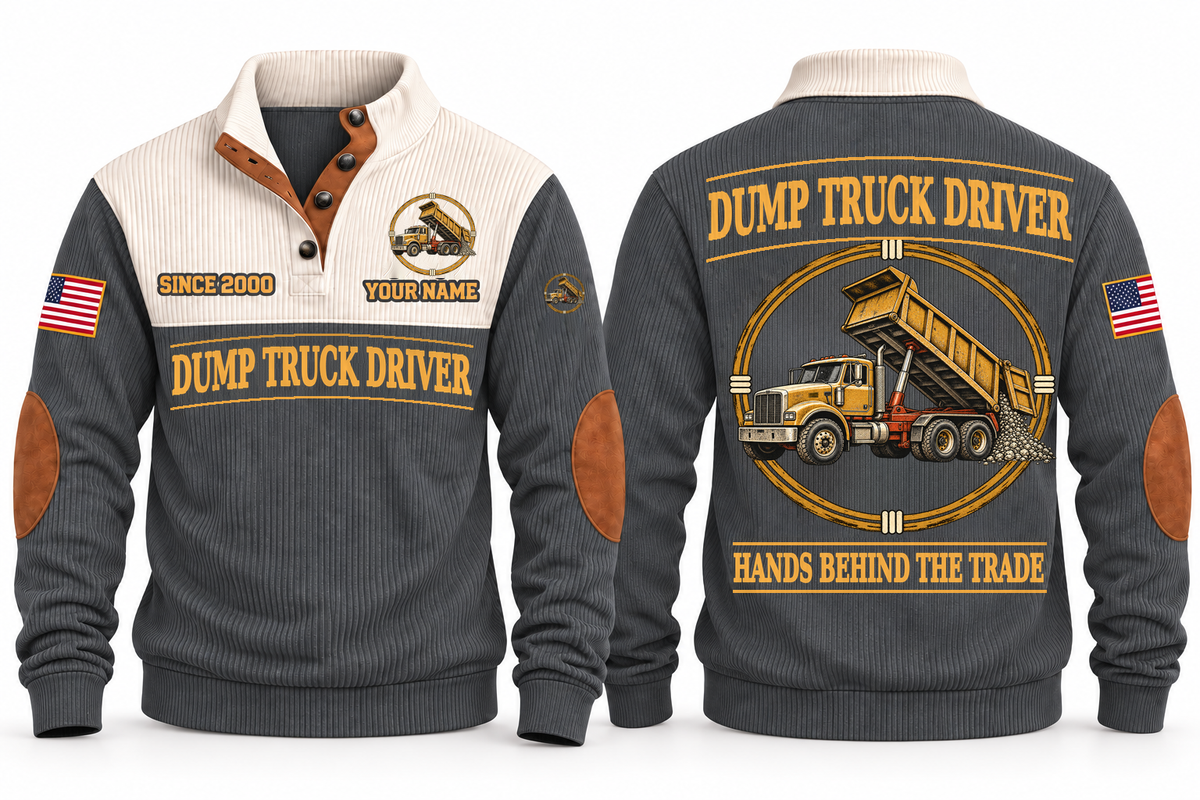 Dump Truck Driver Hands Behind the Trade Sports Sweatshirt in Grey, front and back with rigid dump truck with a raised tipping body and hydraulic ram, plus illustrative sample name and year.