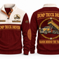 Dump Truck Driver Hands Behind the Trade Sports Sweatshirt in Jujube Red, front and back with rigid dump truck with a raised tipping body and hydraulic ram, plus illustrative sample name and year.