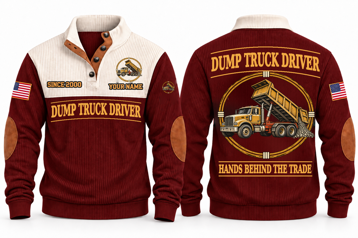 Dump Truck Driver Hands Behind the Trade Sports Sweatshirt in Jujube Red, front and back with rigid dump truck with a raised tipping body and hydraulic ram, plus illustrative sample name and year.