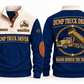 Dump Truck Driver Hands Behind the Trade Sports Sweatshirt in Navy, front and back with rigid dump truck with a raised tipping body and hydraulic ram, plus illustrative sample name and year.