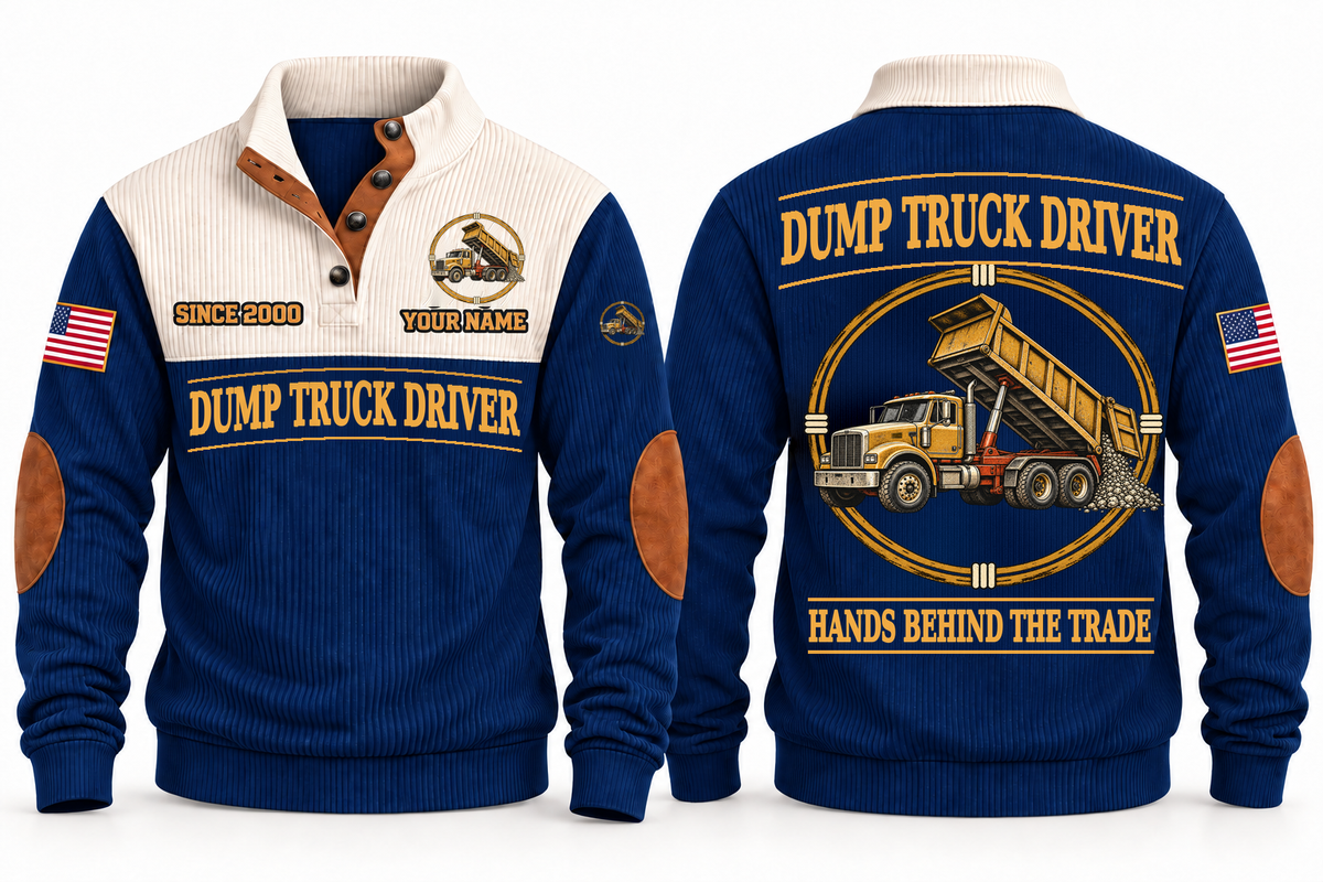 Dump Truck Driver Hands Behind the Trade Sports Sweatshirt in Navy, front and back with rigid dump truck with a raised tipping body and hydraulic ram, plus illustrative sample name and year.