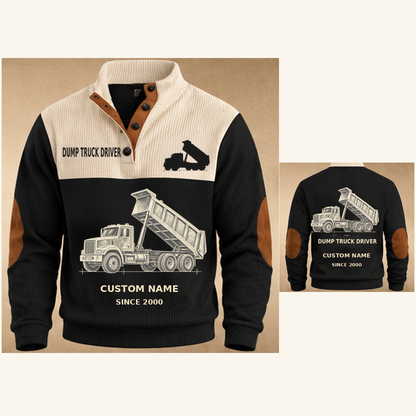 Dump Truck Driver Haul Planner Sports Sweatshirt in Black, original garment front and back views with cream technical dump truck with raised bed artwork, occupation lettering, cream front yoke and plain tan elbow patches.; visible custom-name and SINCE 2000 sample text on the garment.