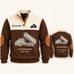 Dump Truck Driver Haul Planner Sports Sweatshirt in Brown, original garment front and back views with cream technical dump truck with raised bed artwork, occupation lettering, cream front yoke and plain tan elbow patches.; visible custom-name and SINCE 2000 sample text on the garment.