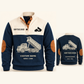 Dump Truck Driver Haul Planner Sports Sweatshirt in Navy, original garment front and back views with cream technical dump truck with raised bed artwork, occupation lettering, cream front yoke and plain tan elbow patches.; visible custom-name and SINCE 2000 sample text on the garment.