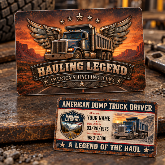 Front and reverse of the Dump Truck Driver Hauling Legacy aluminum wallet card, with bronze-look printed wings, a blue rigid dump truck, rust-orange canyon sunset and a navy-and-ivory tribute reverse.