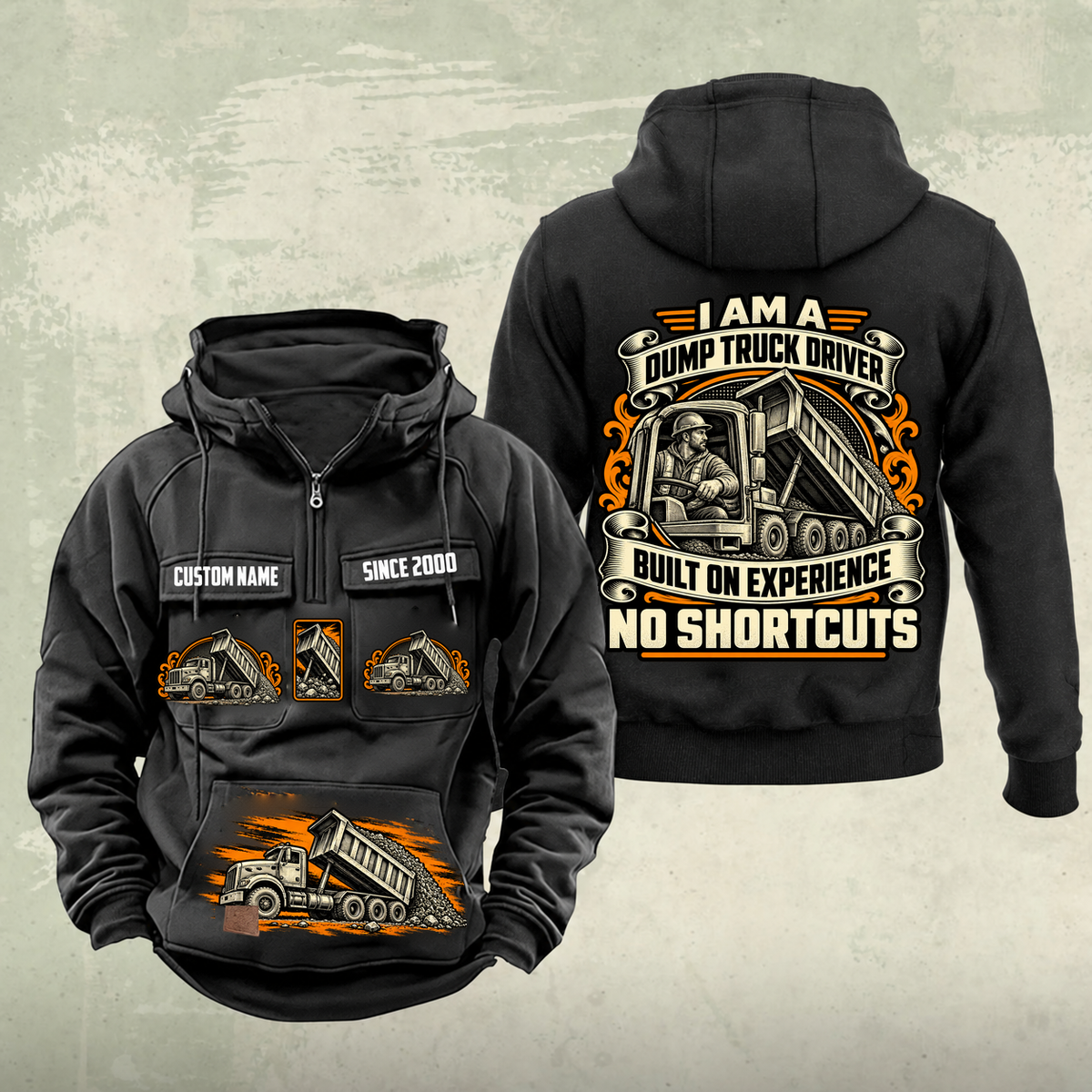 Dump Truck Driver Heritage Crest Vintage Hoodie in Black, source-faithful front and back views with an ornate trade portrait crest, matching chest and pouch badges, and illustrative CUSTOM NAME and SINCE 2000 samples.