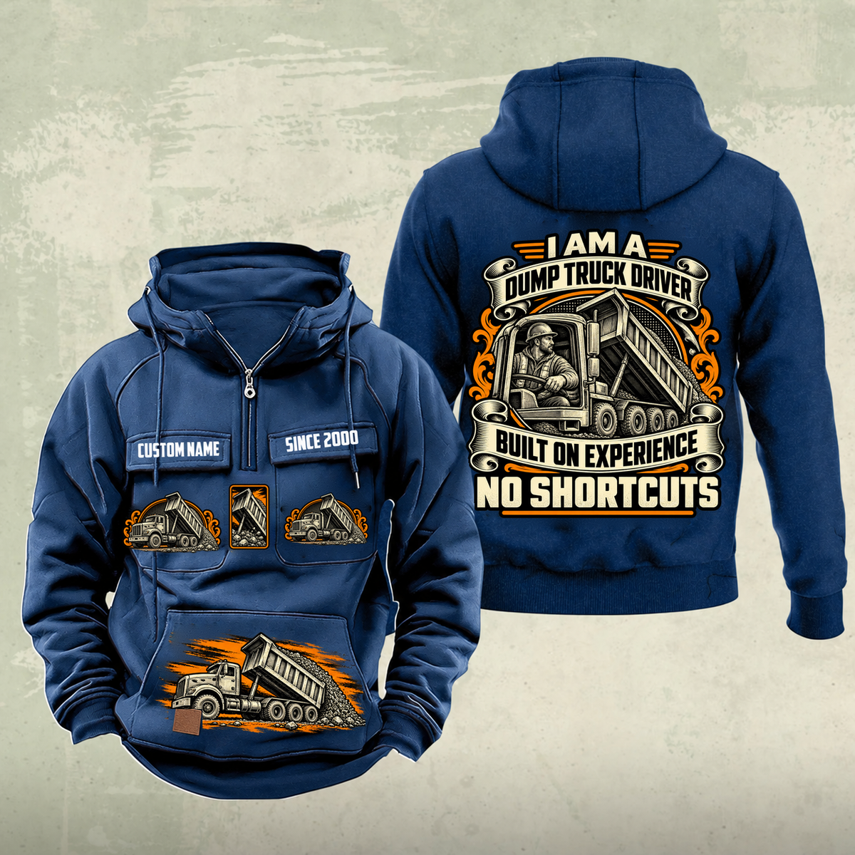 Dump Truck Driver Heritage Crest Vintage Hoodie in Dark Blue, source-faithful front and back views with an ornate trade portrait crest, matching chest and pouch badges, and illustrative CUSTOM NAME and SINCE 2000 samples.