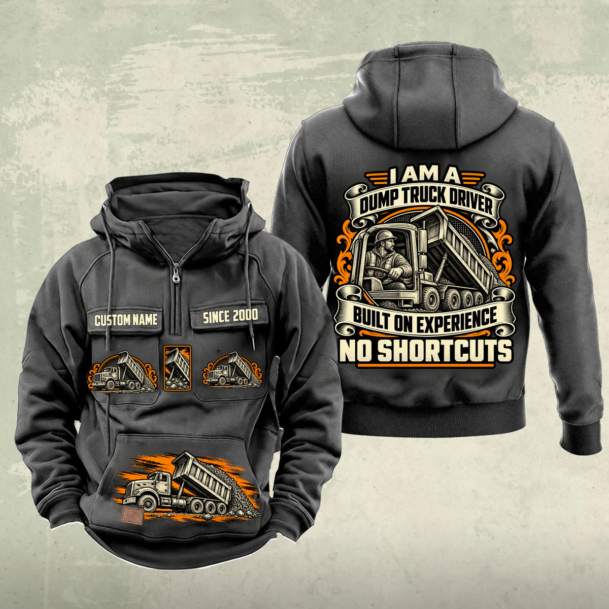 Dump Truck Driver Heritage Crest Vintage Hoodie in Dark Gray, source-faithful front and back views with an ornate trade portrait crest, matching chest and pouch badges, and illustrative CUSTOM NAME and SINCE 2000 samples.