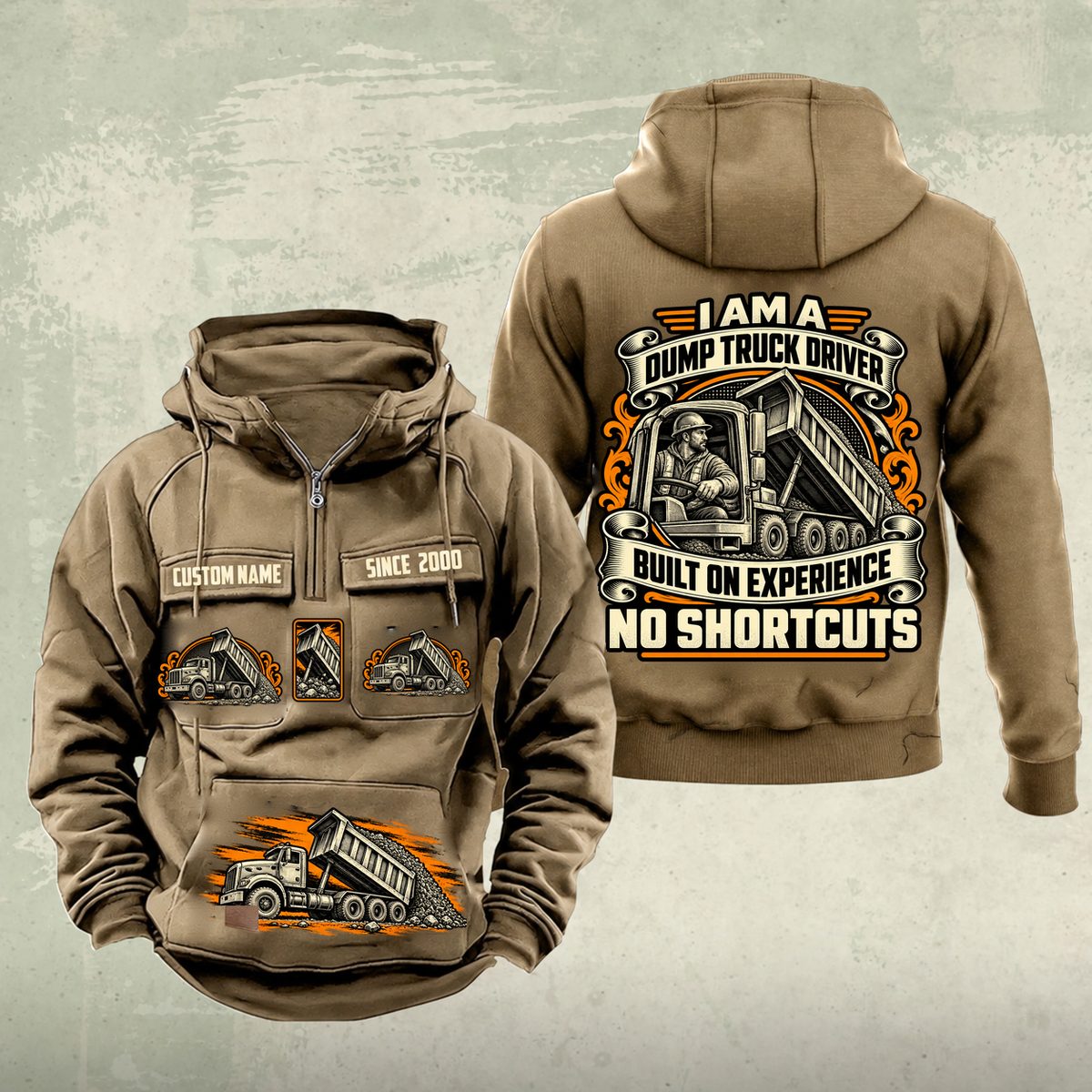 Dump Truck Driver Heritage Crest Vintage Hoodie in Kaki, source-faithful front and back views with an ornate trade portrait crest, matching chest and pouch badges, and illustrative CUSTOM NAME and SINCE 2000 samples.