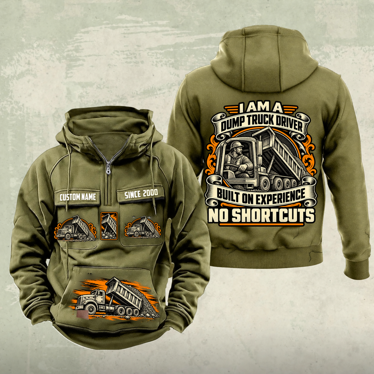 Dump Truck Driver Heritage Crest Vintage Hoodie in Military Green, source-faithful front and back views with an ornate trade portrait crest, matching chest and pouch badges, and illustrative CUSTOM NAME and SINCE 2000 samples.
