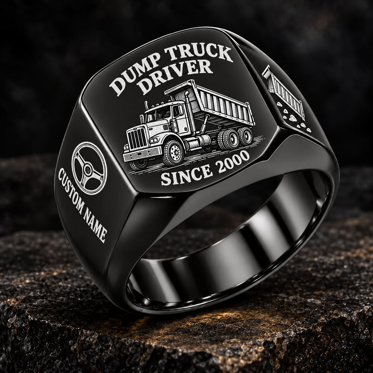 Black Dump Truck Driver Heritage Emblem signet ring with cab-and-tipper artwork, sample CUSTOM NAME and SINCE 2000 engraving