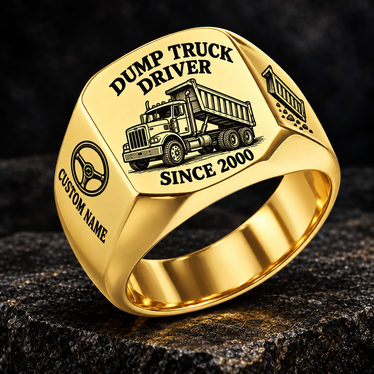 Gold Dump Truck Driver Heritage Emblem signet ring with cab-and-tipper artwork, sample CUSTOM NAME and SINCE 2000 engraving