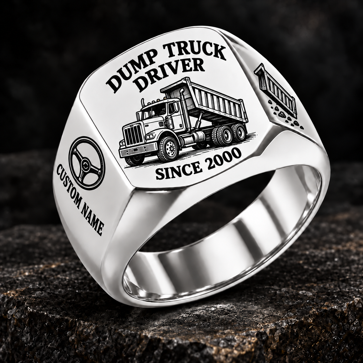 Silver Dump Truck Driver Heritage Emblem signet ring with cab-and-tipper artwork, sample CUSTOM NAME and SINCE 2000 engraving