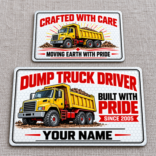 Front and reverse of the Dump Truck Driver Honeycomb Pride aluminum wallet card, with white honeycomb, red and black lettering, yellow rigid dump-truck illustrations and sample name and year text on gray cloth.