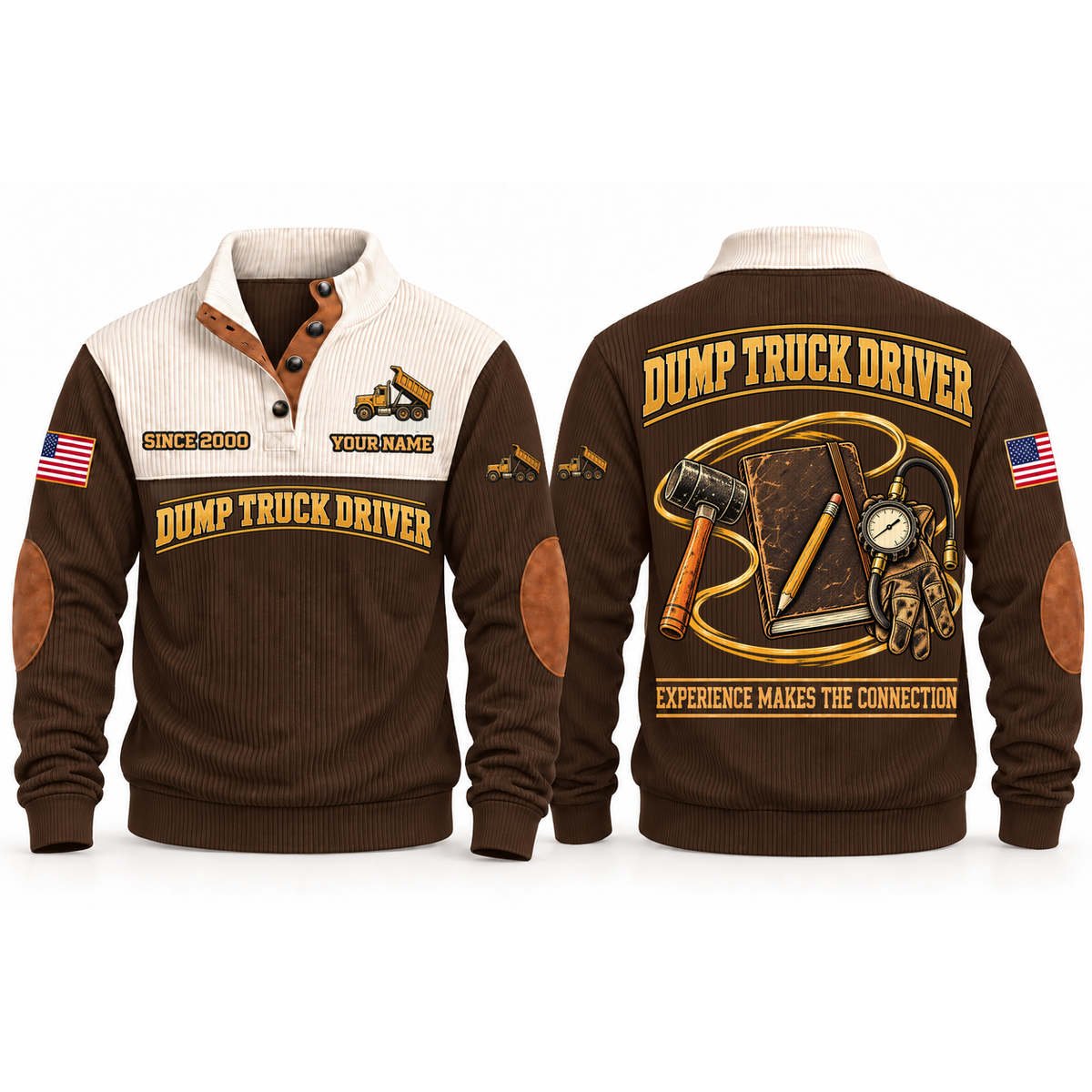 Dump Truck Driver Hauling Knowledge Sports Sweatshirt in Brown, front and back garment views with inspection notebook, pencil, inspection mallet, tire-pressure gauge and work glove, EXPERIENCE MAKES THE CONNECTION lettering and source sample YOUR NAME and SINCE 2000 text.