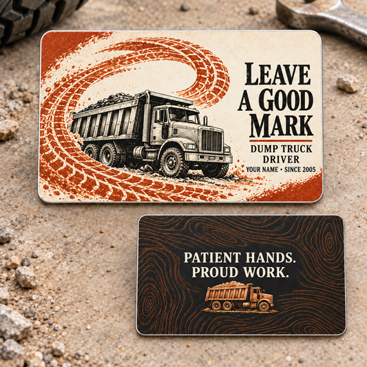 Both sides of the Dump Truck Driver Leave a Good Mark aluminum wallet card: an ivory front with orange tire track and black dump truck, and a black reverse reading Patient Hands. Proud Work.