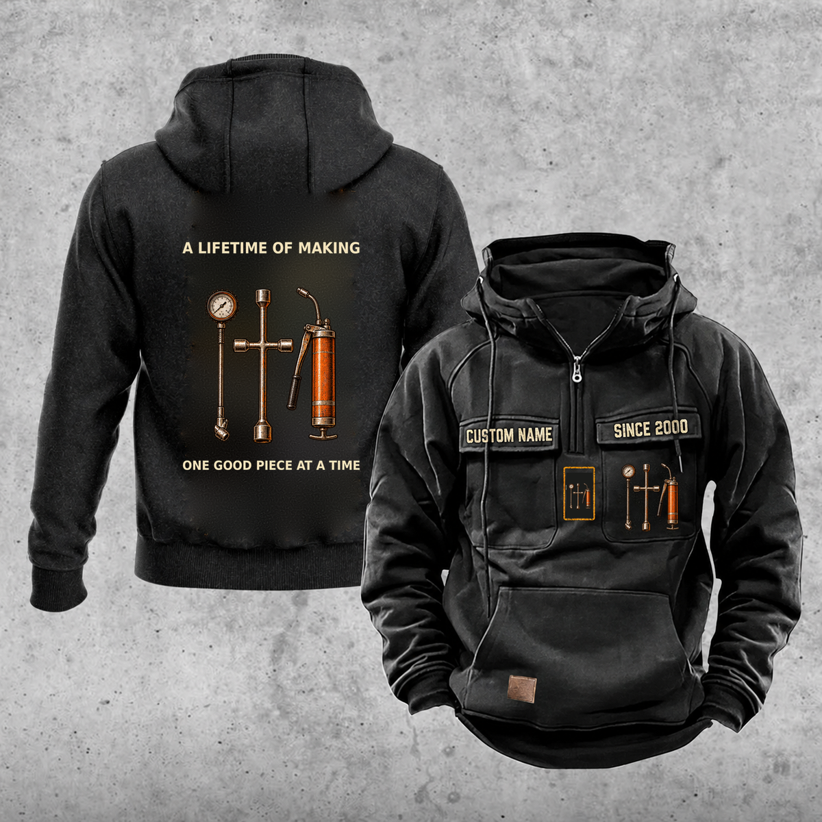 Dump Truck Driver Lifetime of Making Vintage Hoodie — Black; faithful original Vintage Hoodie front and back artwork; CUSTOM NAME and SINCE 2000 on front chest.