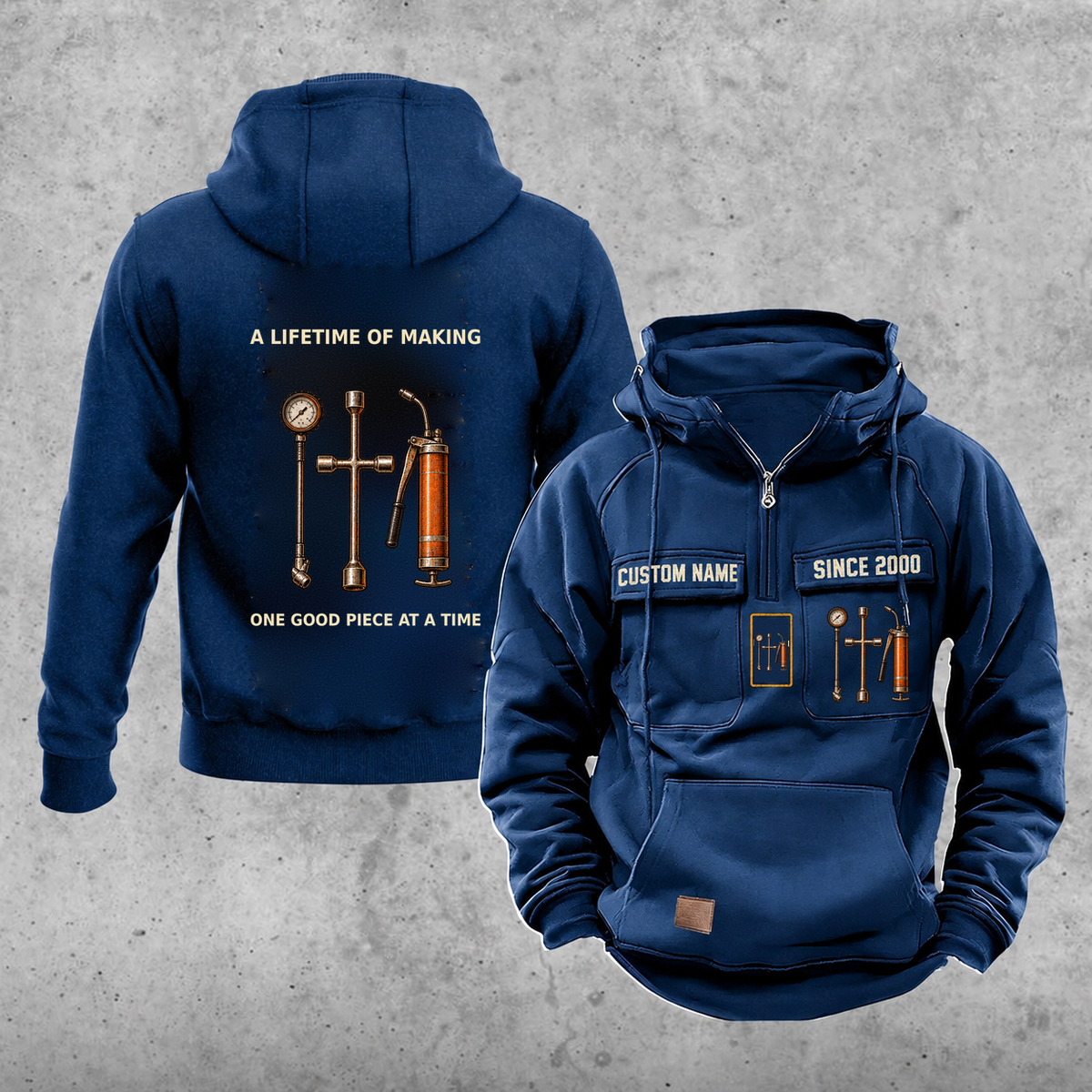 Dump Truck Driver Lifetime of Making Vintage Hoodie — Dark Blue; faithful original Vintage Hoodie front and back artwork; CUSTOM NAME and SINCE 2000 on front chest.