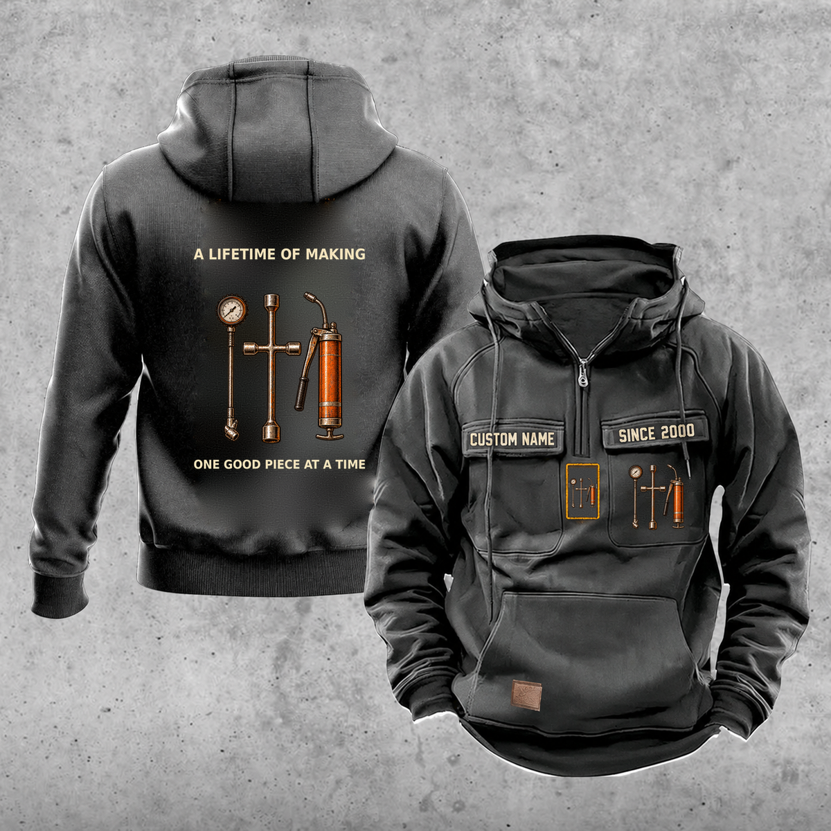 Dump Truck Driver Lifetime of Making Vintage Hoodie — Dark Gray; faithful original Vintage Hoodie front and back artwork; CUSTOM NAME and SINCE 2000 on front chest.