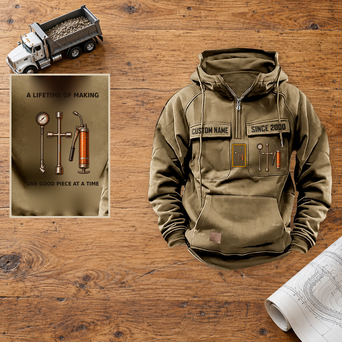 Dump Truck Driver Lifetime of Making Vintage Hoodie — Hero; faithful original Vintage Hoodie front and back artwork; CUSTOM NAME and SINCE 2000 on front chest.