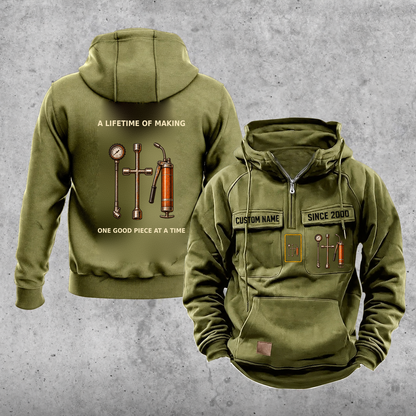 Dump Truck Driver Lifetime of Making Vintage Hoodie — Olive Green; faithful original Vintage Hoodie front and back artwork; CUSTOM NAME and SINCE 2000 on front chest.