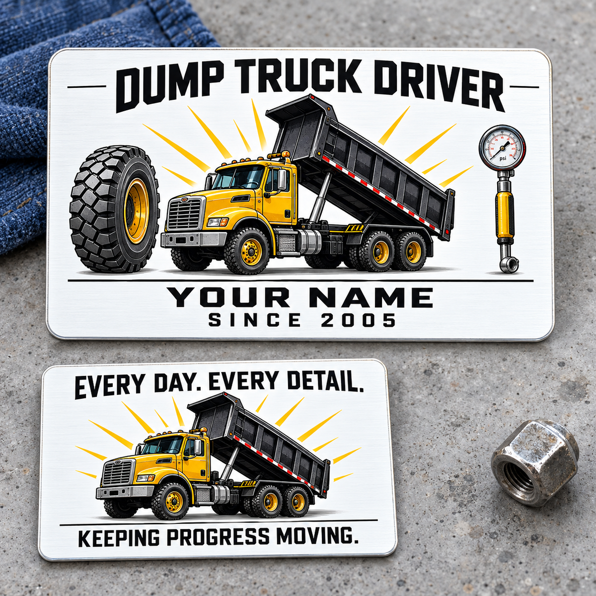 Dump Truck Driver Minimal Tool Grid Aluminum Wallet Card, showing the complete front and reverse in white, black, yellow with rigid tipping-body dump-truck artwork; two views of one fixed-artwork card.