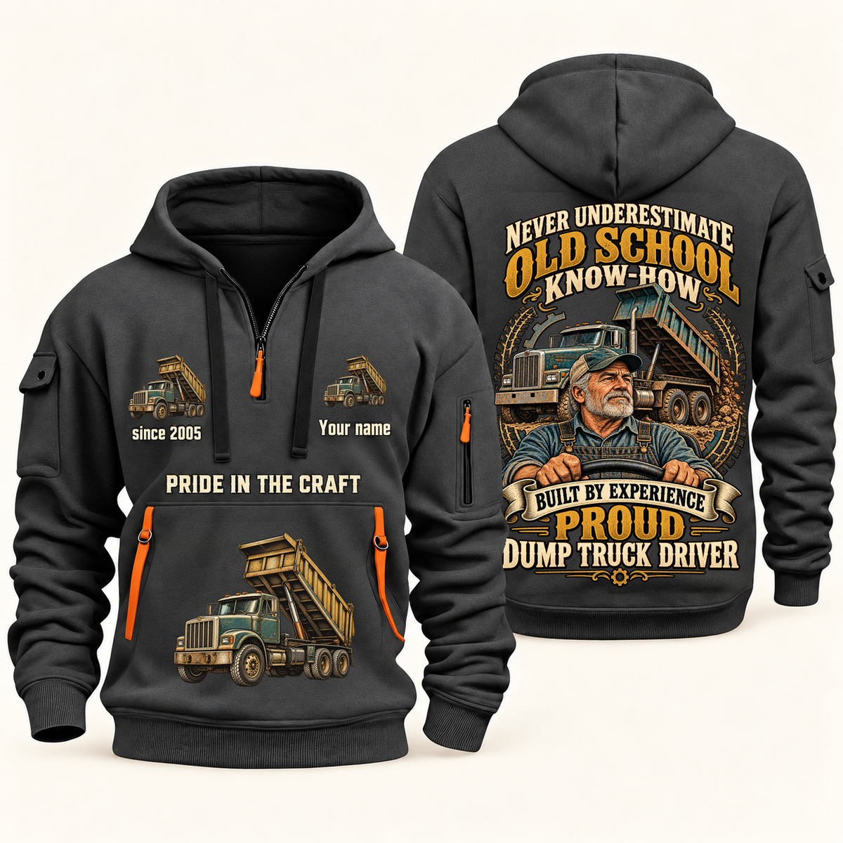 Dump Truck Driver Old School Know-How quarter-zip hoodie in Gray, front and back, fixed sample name and year artwork