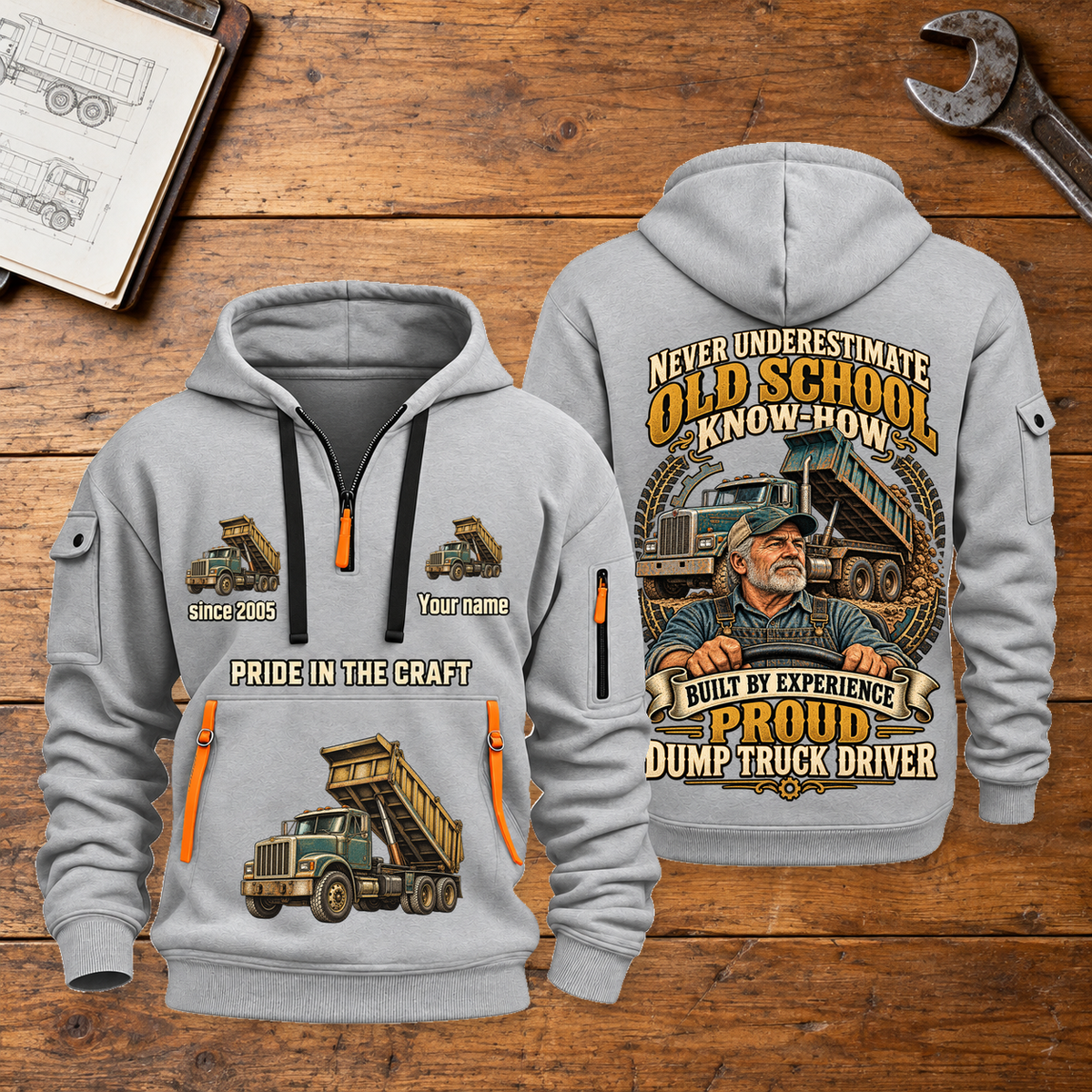 Dump Truck Driver Old School Know-How quarter-zip hoodie in Light Grey, front and back, fixed sample name and year artwork