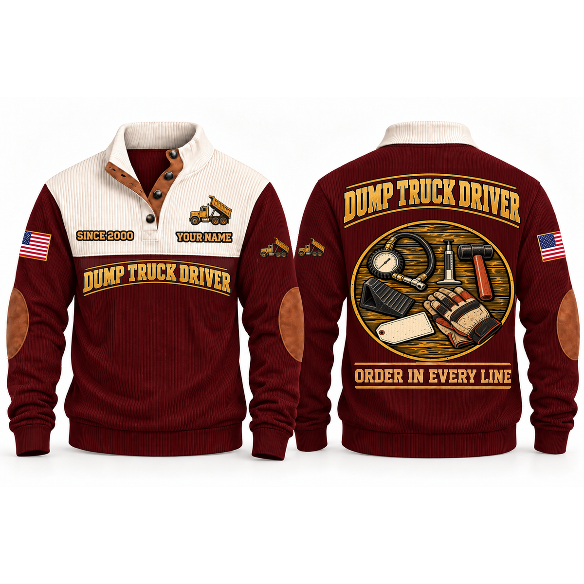 Dump Truck Driver Hauling Order Sports Sweatshirt in Jujube Red, front and back garment views with aligned tire-pressure gauge, tread-depth gauge, inspection mallet, wheel chock and work gloves, orderly top-down trade equipment, ORDER IN EVERY LINE lettering and source sample YOUR NAME and SINCE 2000 text.