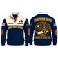 Dump Truck Driver Hauling Order Sports Sweatshirt in Navy, front and back garment views with aligned tire-pressure gauge, tread-depth gauge, inspection mallet, wheel chock and work gloves, orderly top-down trade equipment, ORDER IN EVERY LINE lettering and source sample YOUR NAME and SINCE 2000 text.