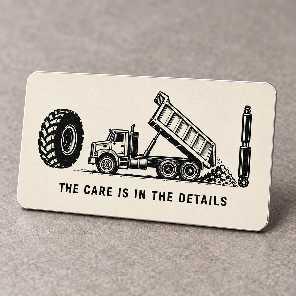 Cream reverse of the Dump Truck Driver aluminum wallet card with a black raised-bed dump truck, tire and hydraulic ram above The Care Is in the Details.
