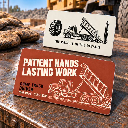 Dump Truck Driver Patient Hands aluminum wallet card with terracotta front and cream reverse on a stationary workbench at a dump-truck yard.