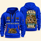 Dump Truck Driver Pride in the Trade Quarter-Zip Hoodie in Blue, authentic overlapping front and back views with dump truck driver artwork and source sample name/year lettering.