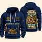 Dump Truck Driver Pride in the Trade Quarter-Zip Hoodie in Navy, authentic overlapping front and back views with dump truck driver artwork and source sample name/year lettering.