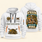 Dump Truck Driver Pride in the Trade Quarter-Zip Hoodie in White, authentic overlapping front and back views with dump truck driver artwork and source sample name/year lettering.